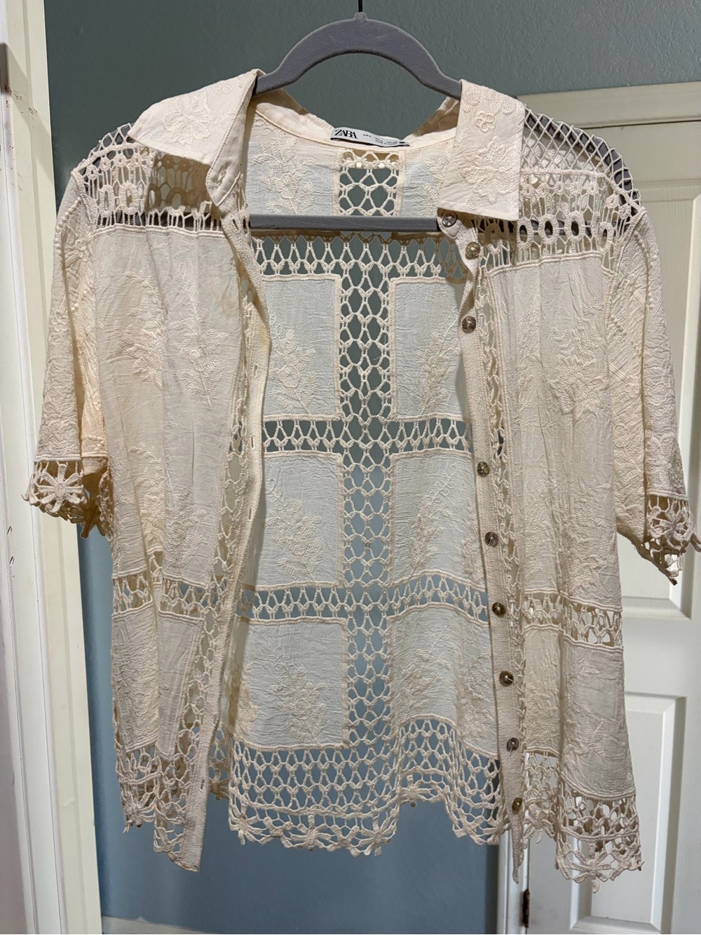 Zara Cream Crochet Lace Button-Down Shirt